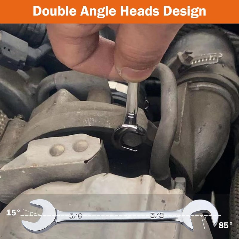 LEONTOOL Mini Double Open End Wrench Set Metric and SAE 20 Pcs 4-11mm & 5/32" to 7/16" Mirror Chrome Finish Super Thin Open Ended Spanner Double Angle Head with Portable Storage Pouches - Image 3